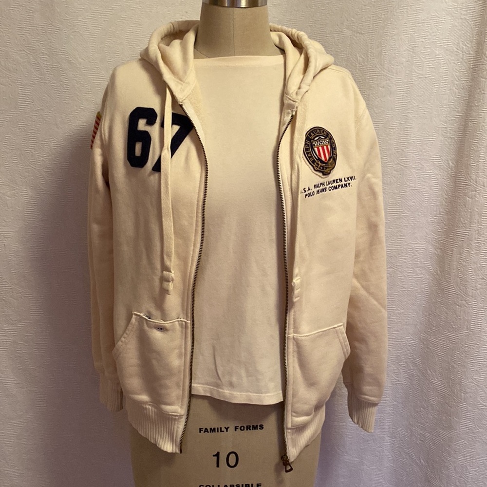 Vtg XS Polo Ralph Lauren cream french terry hoodie sweatshirt.